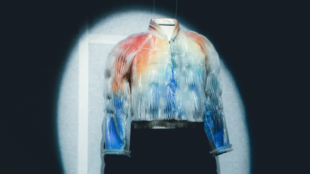 A jacket on display at Stéphane Ashpool "Figure Libre" at Chanel's Galerie du 19M