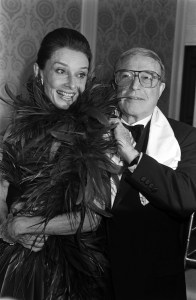 Audrey Hepburn and Gene Kelly attend an event at the Beverly Wilshire Hotel in Beverly Hills, California, on October 28, 1988.