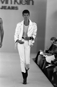 Model Nadege du Bospertus. This show was the first time that the Calvin Klein Jeans sportswear label had it's own fashion show separate from being presented with other collections within the brand.