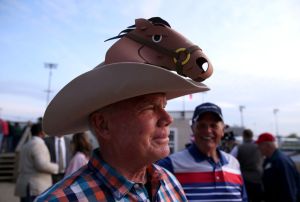 LOUISVILLE, KY - MAY 02:  A horse fan sports a derby related hat during the morning training for the Kentucky Derby at Churchill Downs on May 2, 2018 in Louisville, Kentucky.  (Photo by Andy Lyons/Getty Images)
