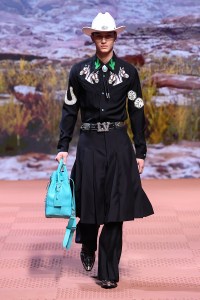 Model on the runway at Louis Vuitton Men’s Fall 2024 as part of Paris Men's Fashion Week held at Jardin d'Acclimatation on January 16, 2024 in Paris, France.