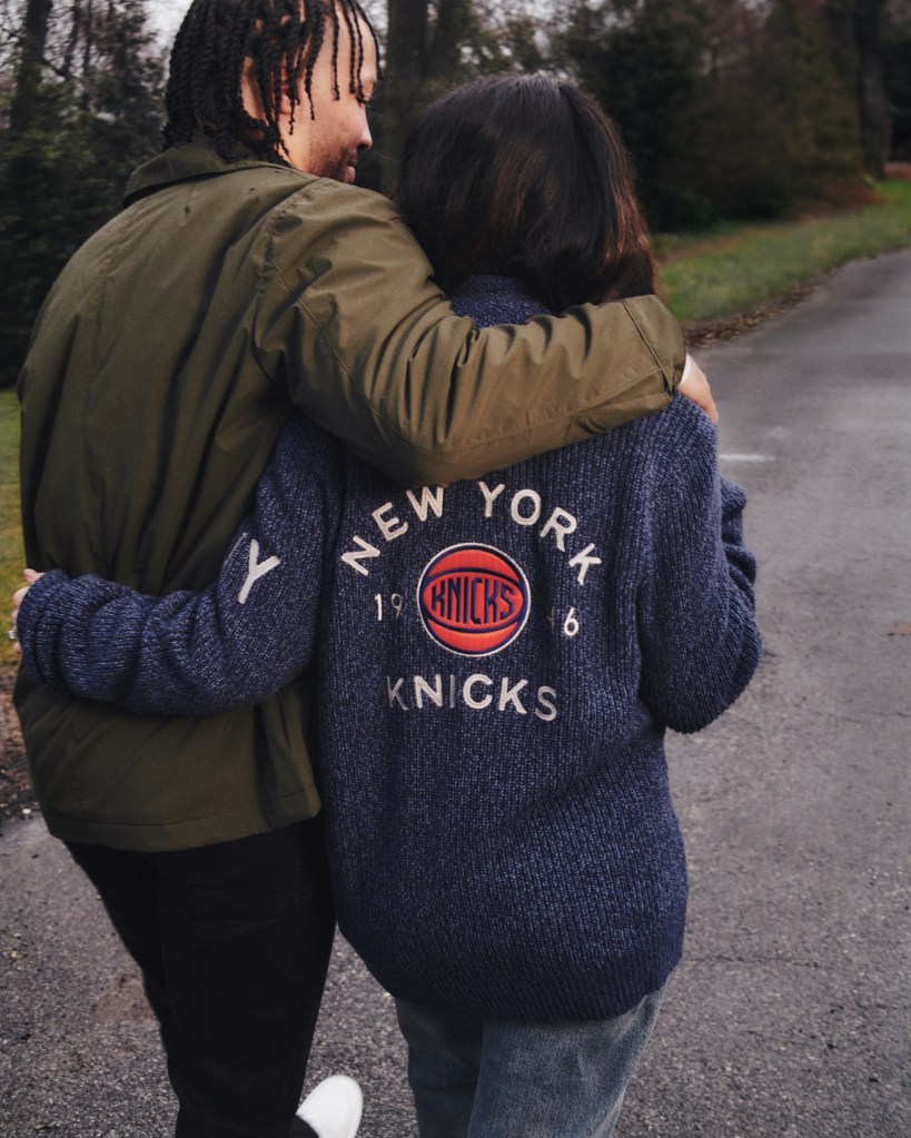 Jalen Brunson and his wife Ali in pieces from the Faherty Knicks collection.