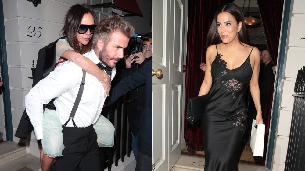 David and Victoria Beckham and Eva Longoria are seen leaving Victoria Beckham’s 50th birthday on April 20 in London.