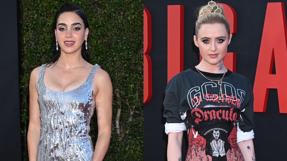 Melissa Barrera, at left, Kathryn Newton at the 'Abigail' Los Angeles premiere on April 17.
