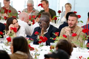 Victoria Beckham, Edward Enninful and David Beckham at the Kent and Curwen Spring RTW 2019 show.