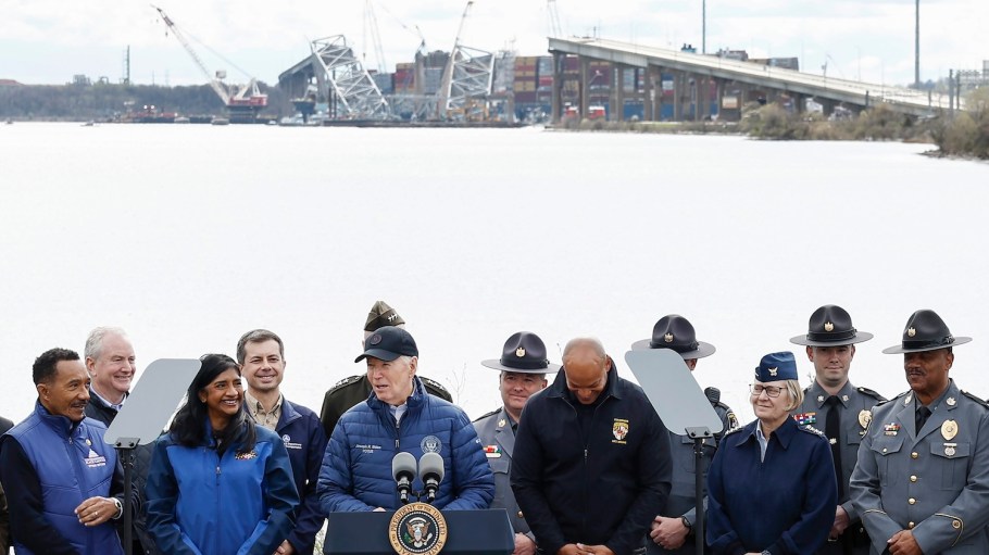 President Joe Biden delivers remarks at the Maryland Transportation Authority Police Headquarters, near the site of the collapsed Francis Scott Key Bridge, on April 5 in Baltimore, Maryland.