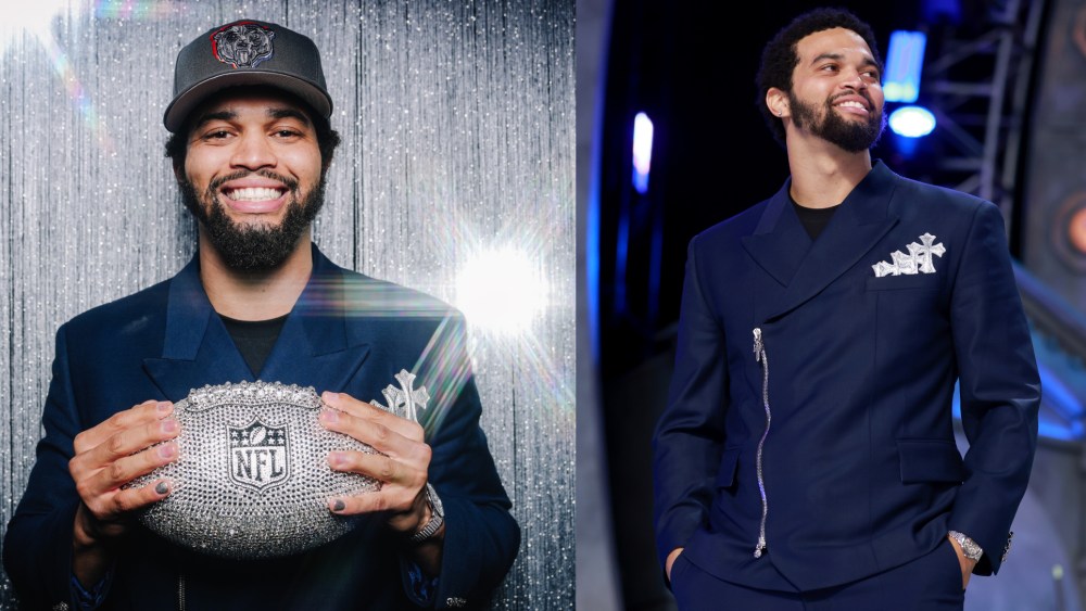 Caleb Williams outfit, chrome hearts suit, at the 2024 NFL Draft on April 25 in Detroit.
