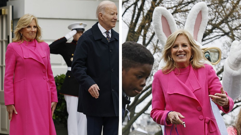 President Joe Biden and First Lady Jill Biden walk out of the White House on April 1 in Washington, DC., for the Easter Egg Roll, pink coat dress