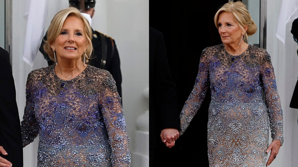 jill biden state dinner blue dress by oscar de la renta, First Lady Jill Biden welcome Japanese Prime Minister Fumio Kishida and his wife Yuko Kishida to the White House for a state dinner on April 10, 2024 in Washington, DC.