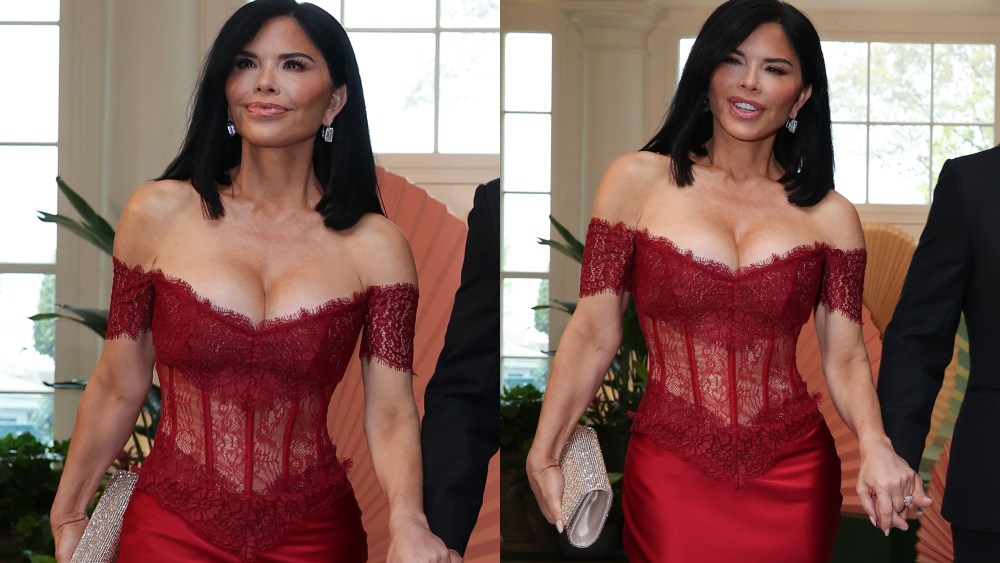 Lauren Sánchez wears red rasario dress with jeff bezos arrives at the White House for a state dinner on April 10, 2024 in Washington, DC.
