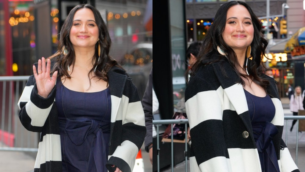 Lily Gladstone departs 'Good Morning America' on April 17, 2024 in New York City
