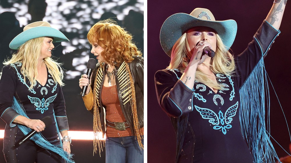 Miranda Lambert performs at the 2024 Stagecoach Festival at Empire Polo Club on April 27 in Indio, Calif, reba mcentire, cowboy hat, fringe, denim outfit with rhinestones and beads