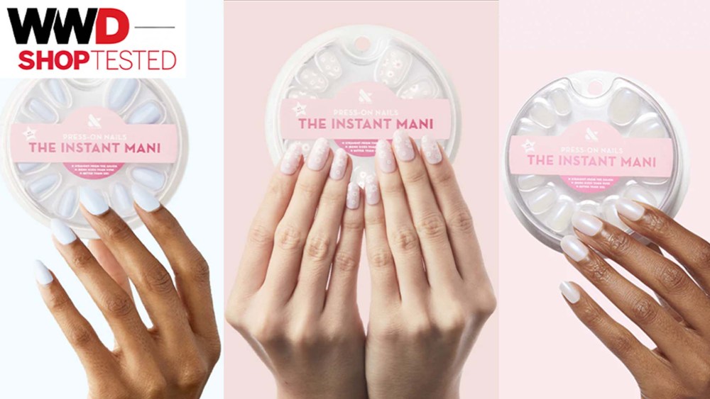 women's hands wearing various press-on nail kits