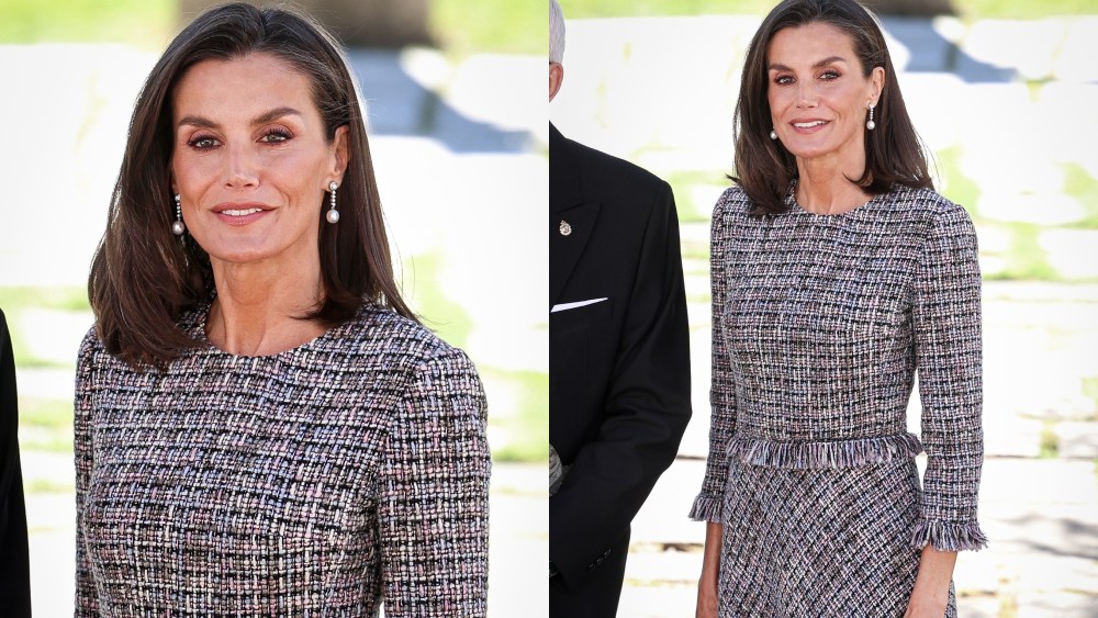Queen Letizia of Spain wears tweed dress, boss handbag, Massimo Dutti heels, attends the "Miguel De Cervantes" Literature award on April 23.