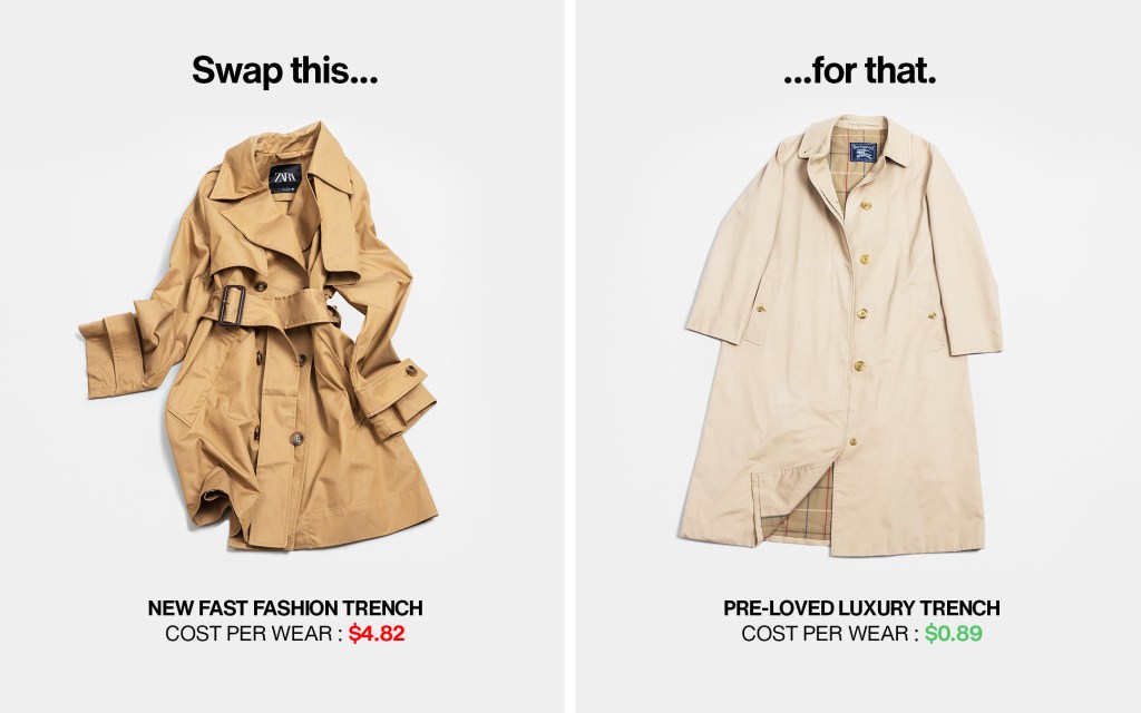 A visual comparing cost per wear of a new fast fashion trench versus pre-loved luxury trench.  
