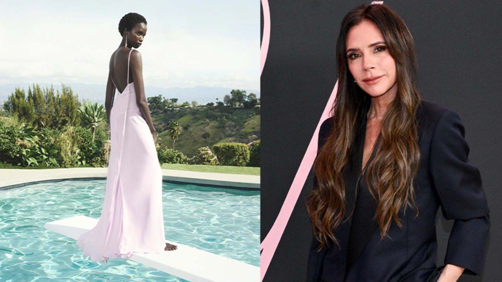 woman wearing a purple gown on a dive board above a pool; Victoria Beckham in black blazer top