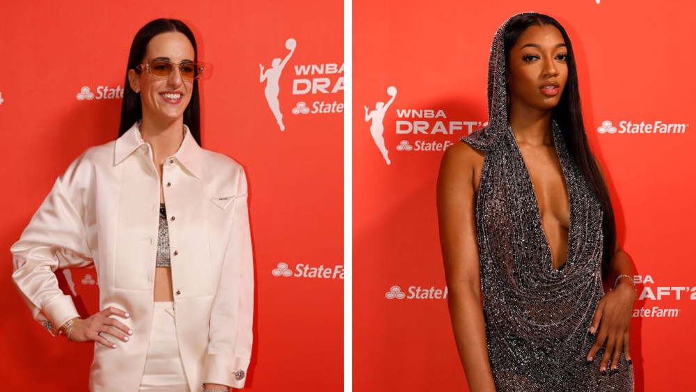 Caitlin Clark, left, and Angel Reese arrives prior to the 2024 WNBA Draft at Brooklyn Academy of Music on April 15, 2024 in New York City.
