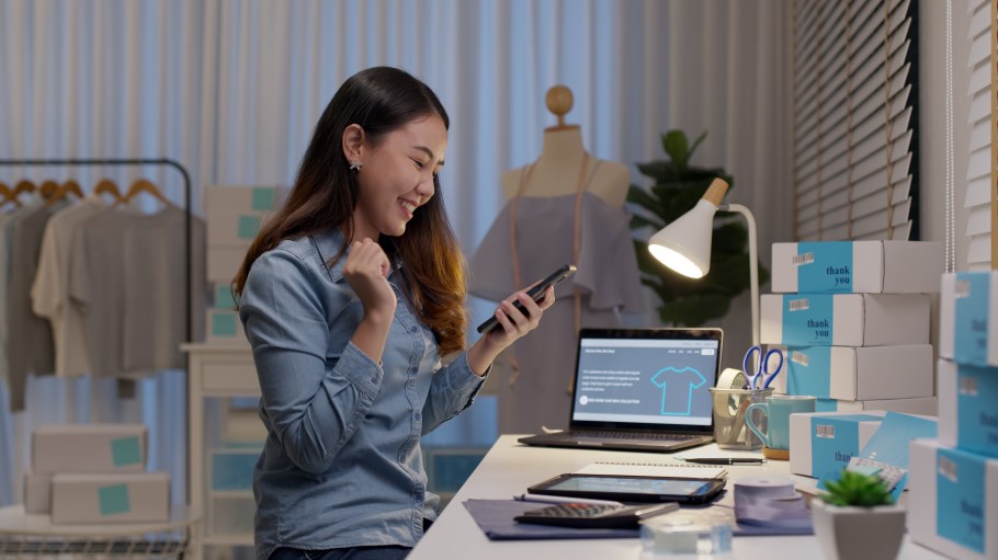 Female entrepreneur fund borrower crazy joyful ecstatic face gesture hand yes feeling amazed in peer to peer P2P lending finance or crowdfunding network microfinance approve