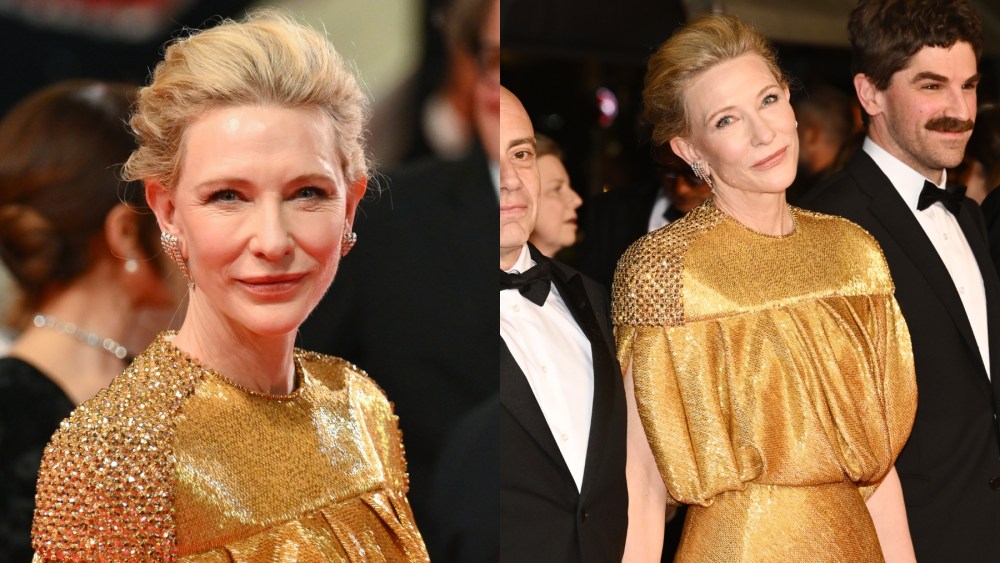 Cate Blanchett at the premiere of "Rumours" during Cannes Film Festival on May 18, Louis Vuitton, gold sequined dress, red carpet