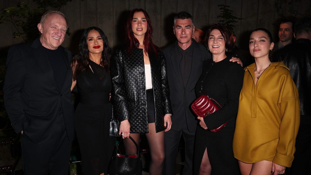 François-Henri Pinault, Salma Hayek, Dua Lipa, Dukagjin Lipa, Anesa Lipa and Rina Lipa attend the Gucci Cruise 2025 fashion show on May 13 in London, ancora red, front row