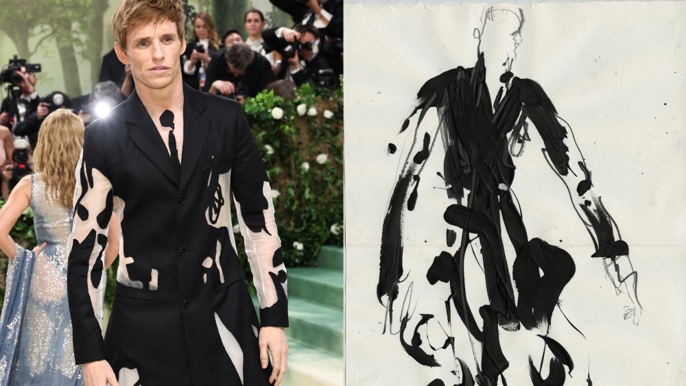 Eddie Redmayne attend the 2024 Met Gala in Steve O Smith, a sketch of Steve O Smith of Eddie Redmayne's look for Met Gala