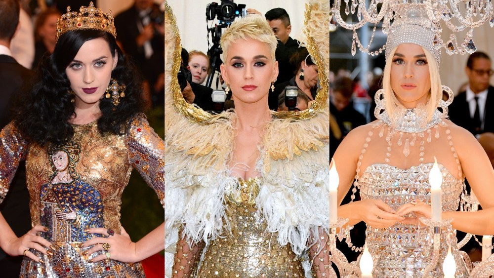 Katy Perry at the Met Gala in 2013, 2018 and 2019, Punk: Chaos to Couture, Dolce & Gabbana, red carpet, Versace, Heavenly Bodies: Fashion and the Catholic Imagination, angel, chandelier dress, Camp: Notes on Fashion, Jeremy Scott, Moschino