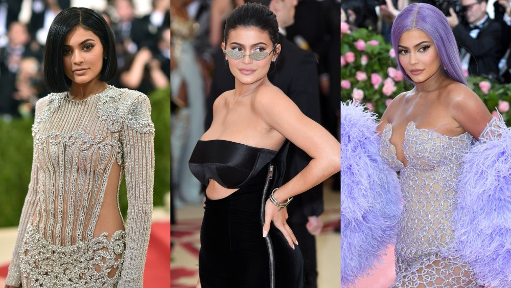 Kylie Jenner at the Met Gala in 2016, 2018 and 2019, red carpet, Alexander Wang, Versace, purple feathered dress, Balmain, Heavenly Bodies: Fashion and the Catholic Imagination, Manus x Machina, Lorraine Schwartz, Jimmy Choo, Camp: Notes on Fashion, Tiffany & Co.
