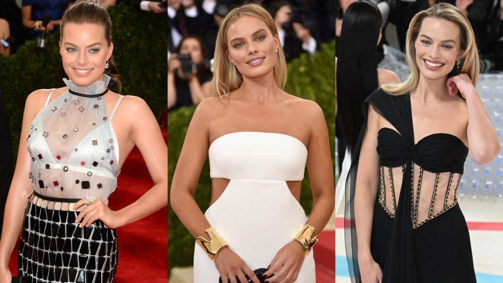 Margot Robbie dresses at the Met Gala in 2014, 2016 and 2023, Charles James, Prada, Chanel, Karl Lagerfeld, Calvin Klein, Tiffany & Co, Manus x Machina