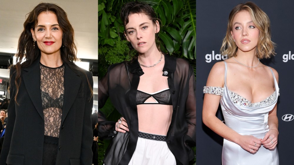 Katie Holmes, Kristen Stewart and Sydney Sweeney in 2024, exposed bra trend, peekaboo bra trend, bralette, Chanel, Michael Kors, Miu Miu, fashion week, red carpet