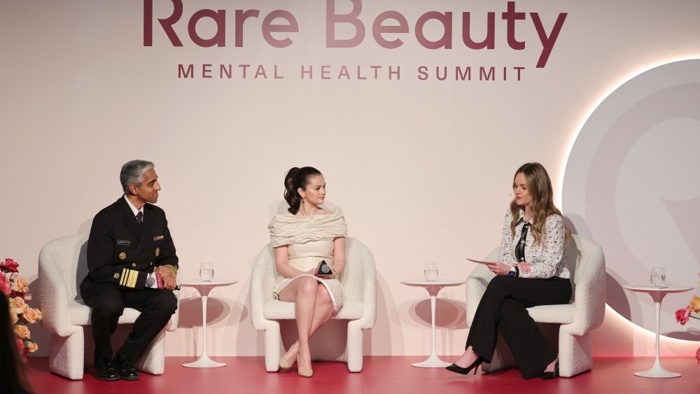 NEW YORK, NEW YORK - MAY 01: (L-R) Surgeon General Vivek H. Murthy, Selena Gomez, and Elyse Cohen speak onstage during Rare Beauty’s 3rd Annual Mental Health Summit at  on May 01, 2024 in New York City. (Photo by Cindy Ord/Getty Images for Rare Beauty)