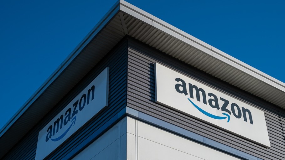 A general view of signage showing the Amazon logo on a warehouse on Jan. 15, 2024 in Basildon, United Kingdom.