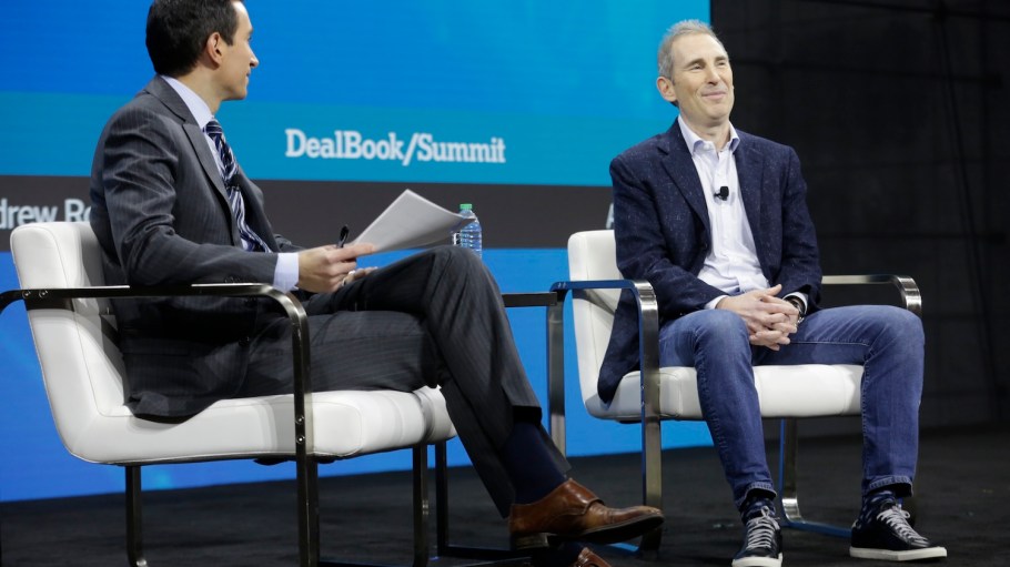 Andy Jassy (right) on stage at the 2022 New York Times DealBook Summit on Nov. 30, 2022 in New York City.
