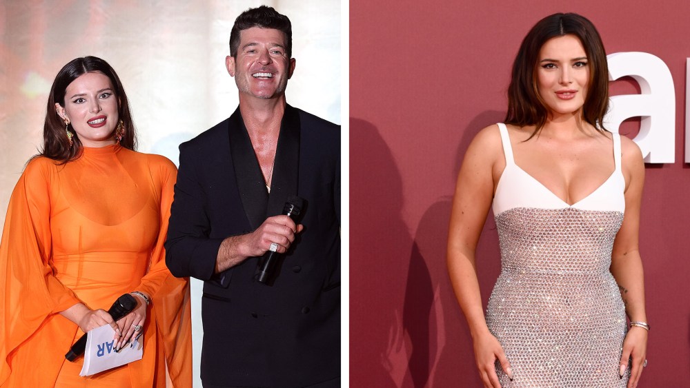 Bella Thorne at the amfAR Gala Cannes 2024 held at the Hotel du Cap-Eden-Roc on May 23, 2024 in Cap d'Antibes, France, amfar gala sheer orange caftan dress, robin thicke