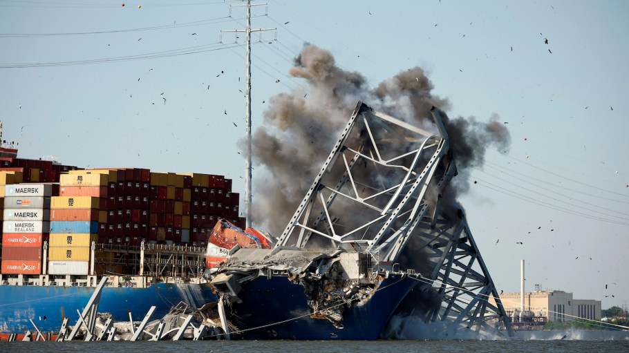 The Army Corp. of Engineers sets off a controlled demolition to remove wreckage from the Francis Scott Key Bridge off of the cargo ship Dali in the Patapsco River.