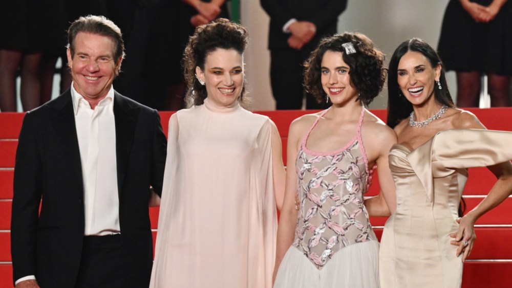 Dennis Quaid, Margaret Qualley, Coralie Fargeat and Demi Moore at the premiere for "The Substance" during the 77th Cannes Film Festival held at the Palais des Festivals on May 19, 2024 in Cannes, France.