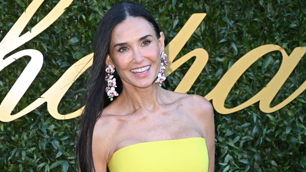 demi moore yellow dress pink flowers look, chopard, cannes film festival 2024 red carpet, once upon a time