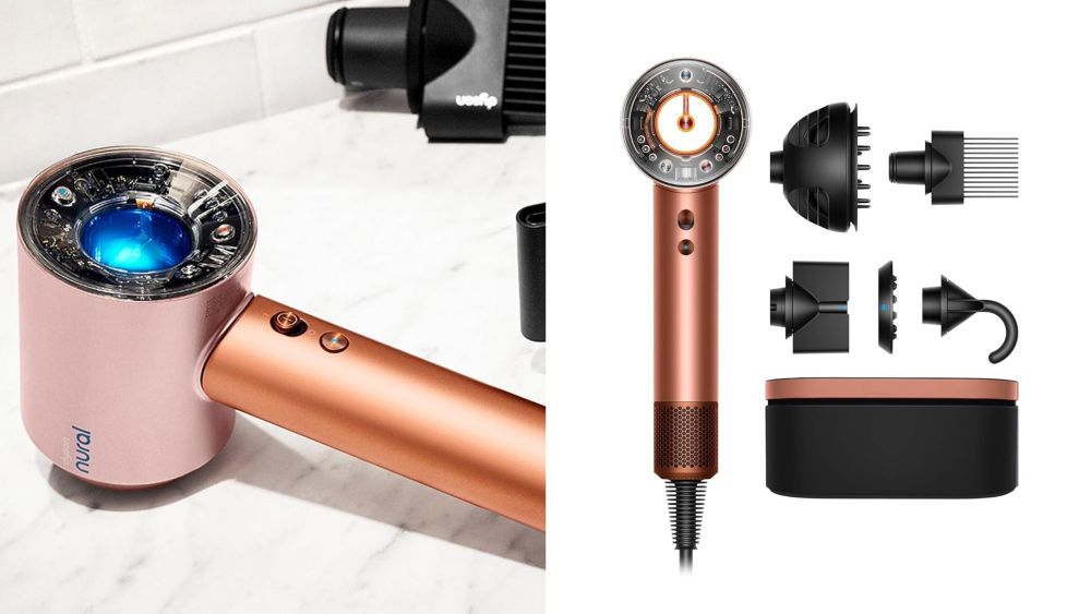 close-up shot of dyson supersonic nural hair dryer resting on a marble surface; dyson supersonic nural hair dryer and attachments over white background