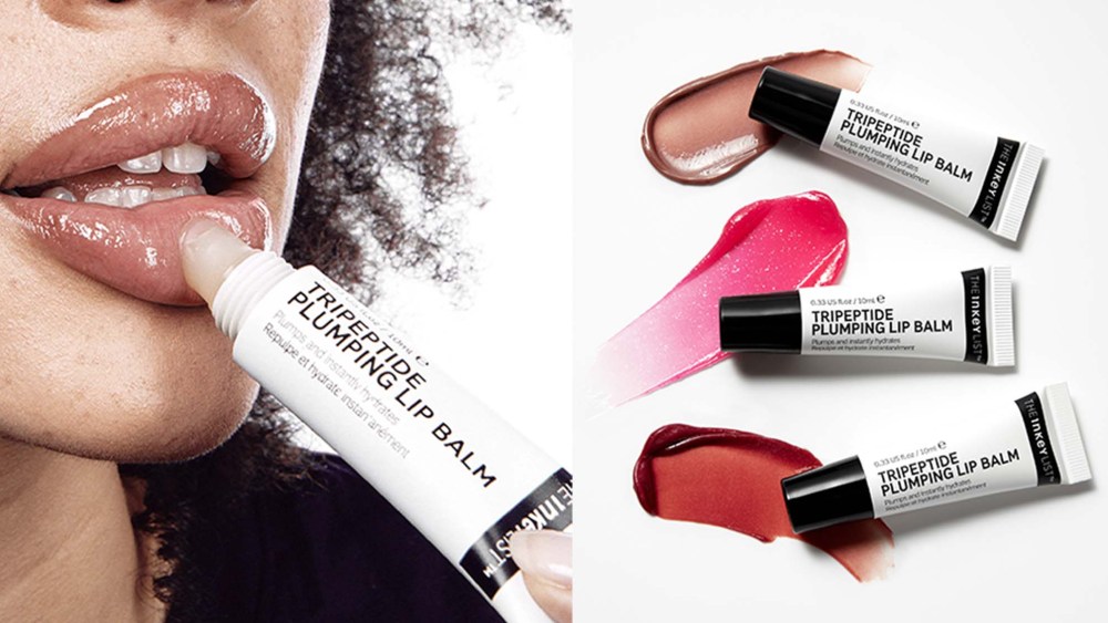 close-up image of woman applying lip balm; three white lip balm tubes with brown and pink color swatches
