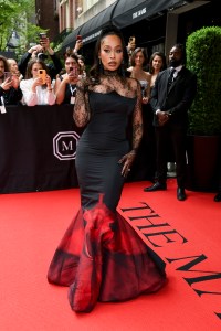 La La Anthony in Alexander McQueen at The Mark Hotel before the 2024 Met Gala.