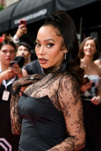 La La Anthony in Alexander McQueen at The Mark Hotel before the 2024 Met Gala.
