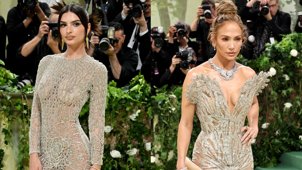 Emily Ratajkowski in see-through Atelier Versace dress and Jennifer Lopez in sheer Schiaparelli at the 2024 Met Gala.