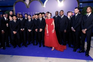 Natalia Vodianova, Nasser Al-Khelaifi and the PSG team at the Paris for Good charity fundraiser held at the Place Vendme on May 16, 2024 in Paris, France.