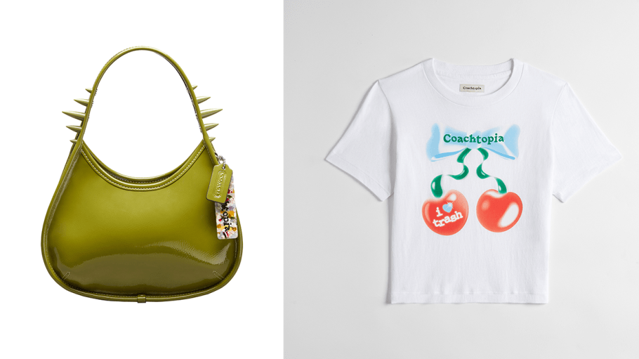Coachtopia's Crinkle Patent Ergo bag designed by Tade Leye, Coachtopia's relaxed T-shirt designed by Sabrina Lau