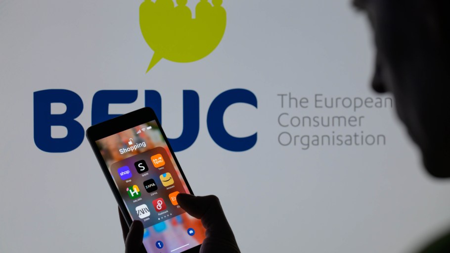 The Temu app icon is being displayed on a smartphone with BEUC (The European Consumer Organization) visible in the background in this photo illustration in Brussels, Belgium, on May 16, 2024. (Photo by Jonathan Raa/NurPhoto)