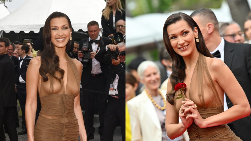 Bella Hadid in brown sheer see-through Saint Laurent dress at the premiere for "The Apprentice" during the 77th Cannes Film Festival held at the Palais des Festivals on May 20, 2024 in Cannes, France.