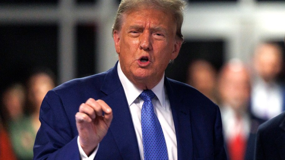 Former President Donald Trump speaks to the press after attending his criminal trial at New York State Supreme Court on May 20.