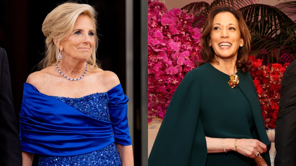 jill biden wears blue sergio hudson dress, kamala harris wears green chloe dress, white house state dinner for kenya