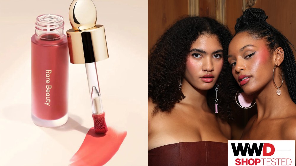 Rare Beauty liquid blush; two women wearing statement blush looks at a recent runway show