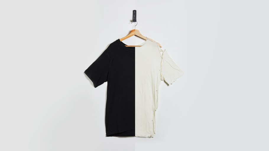 This image consists of two photographs stitched together. On the left, you can see a black poly-cotton blended T-shirt prior to going through Circ’s patented process. On the right is the same T-shirt after going through Circ’s process. The dyes have been removed and the polyester has been depolymerized away from the cotton, leaving a cotton "skeleton." The shirt is pinned together because the threads were polyester and therefore depolymerized as well.