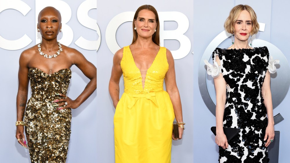 Cynthia Erivo, Brooke Shields and Sarah Paulson at the 2024 Tony Awards on June 16 in New York, red carpet, sequins, Prada, Louis Vuitton